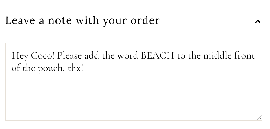 Cart screen with a note requesting 'BEACH' to be added to a pouch